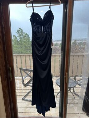 PROM SEASON !!!  Navy mesh & sequin peekaboo top with sleek satin lower portion.